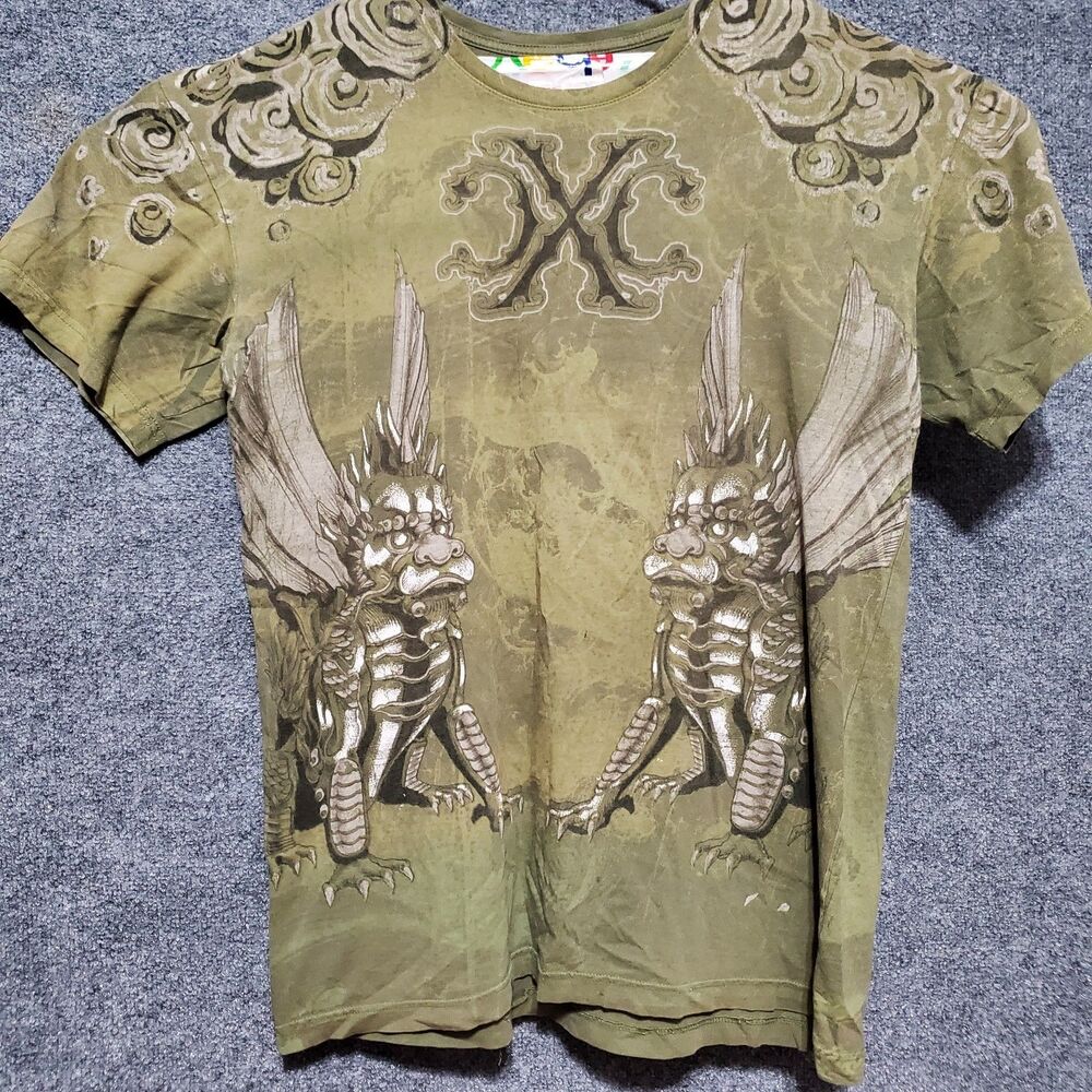 Vintage Xtreme Couture Affliction Gargoyle Shirt Mens 2XL Green Goth Grunge Rock